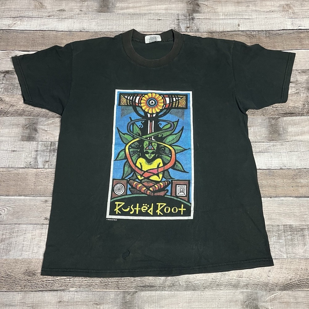 Rusted Root Shirt Size Large Black Vintage 90s When I Woke Band Tee Alien Hippie